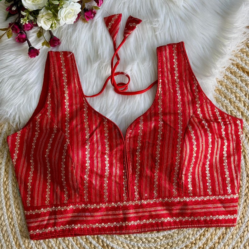 Sleeveless Blouse Jacquard Dola Silk Fabric with Crochet work back side hook closure
