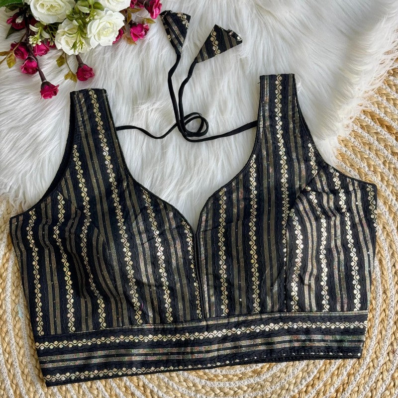 Sleeveless Blouse Jacquard Dola Silk Fabric with Crochet work back side hook closure