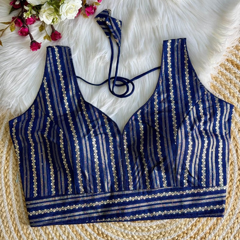 Sleeveless Blouse Jacquard Dola Silk Fabric with Crochet work back side hook closure