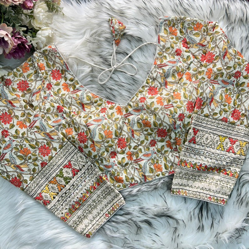 Long Sleeves Blouse Flower Printed blouse Cotton Chikankari Fabric