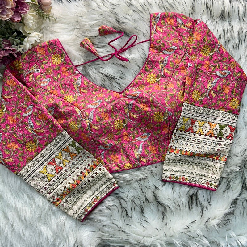 Long Sleeves Blouse Flower Printed blouse Cotton Chikankari Fabric