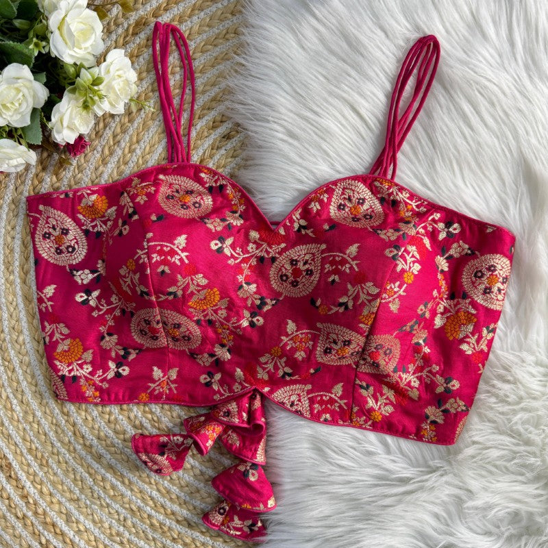 Sleeveless Printed Blouse Backless Pattern with Tie Lace Dola Silk jacquard Fabric