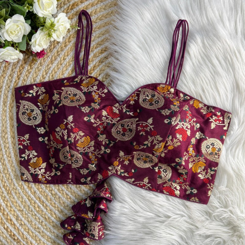 Sleeveless Printed Blouse Backless Pattern with Tie Lace Dola Silk jacquard Fabric