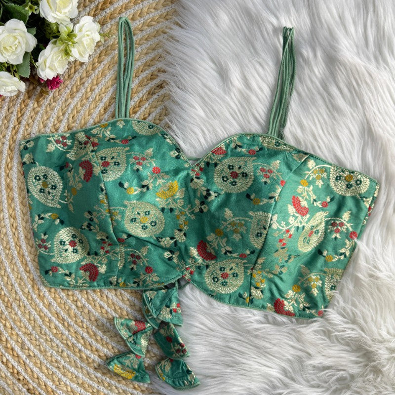 Sleeveless Printed Blouse Backless Pattern with Tie Lace Dola Silk jacquard Fabric