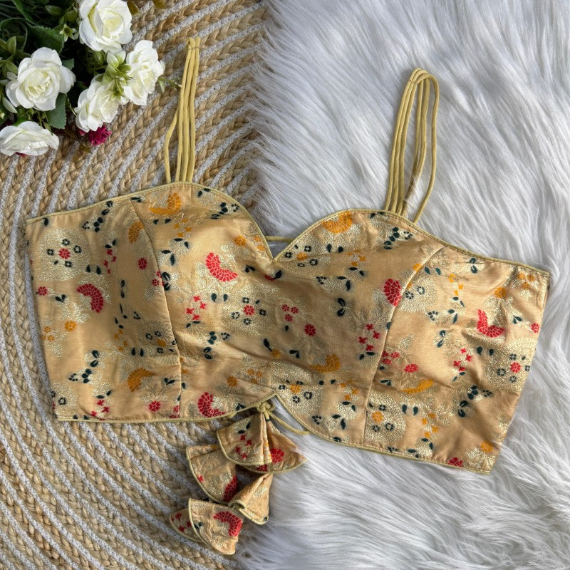 Sleeveless Printed Blouse Backless Pattern with Tie Lace Dola Silk jacquard Fabric