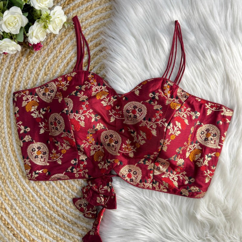 Sleeveless Printed Blouse Backless Pattern with Tie Lace Dola Silk jacquard Fabric