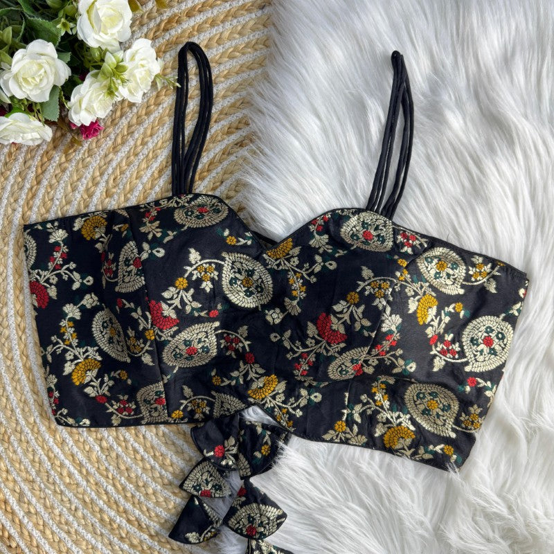 Sleeveless Printed Blouse Backless Pattern with Tie Lace Dola Silk jacquard Fabric