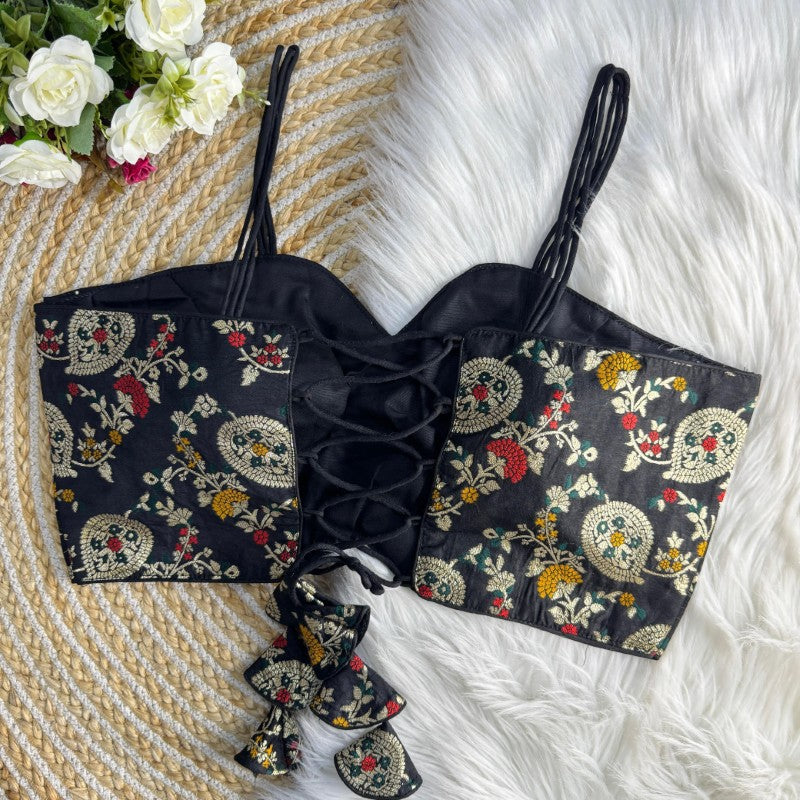 Sleeveless Printed Blouse Backless Pattern with Tie Lace Dola Silk jacquard Fabric