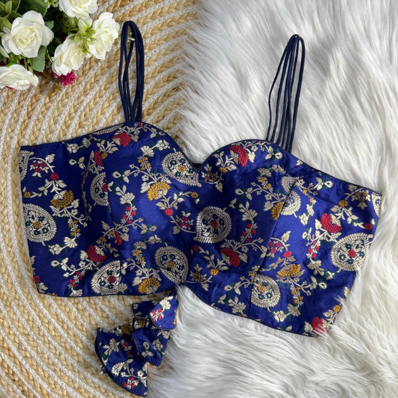 Sleeveless Printed Blouse Backless Pattern with Tie Lace Dola Silk jacquard Fabric