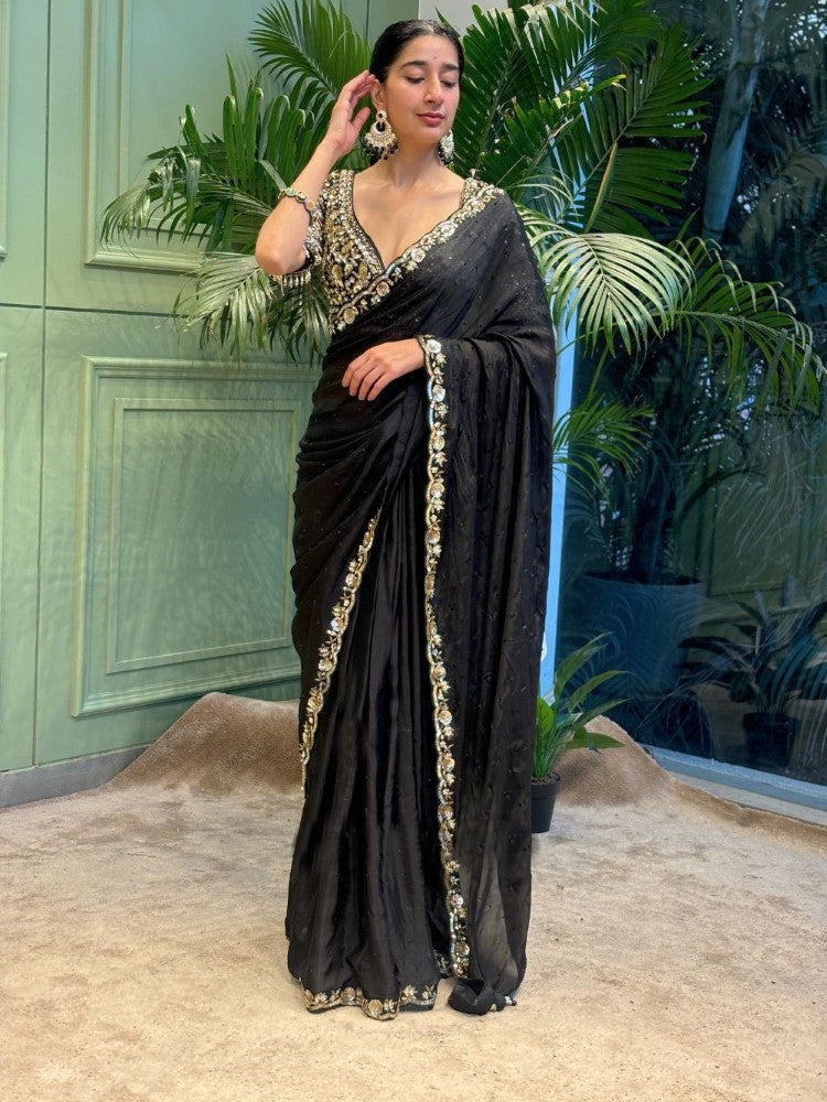 Soft rangoli silk fabric with Hand diamond work Saree Embroidery with sequins border Sari