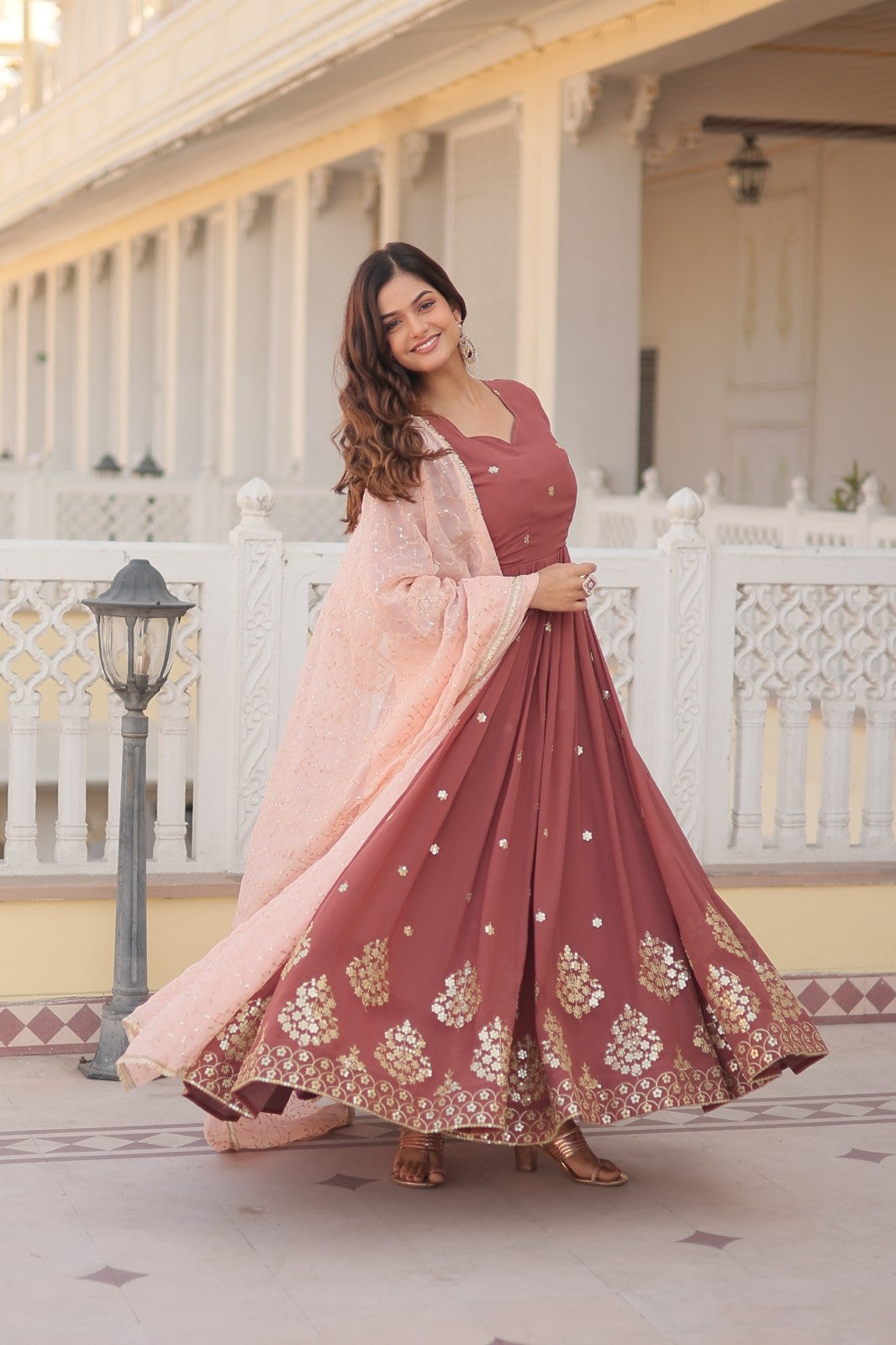 Faux Georgette sequins with thread embroidered a line gown with Dupatta