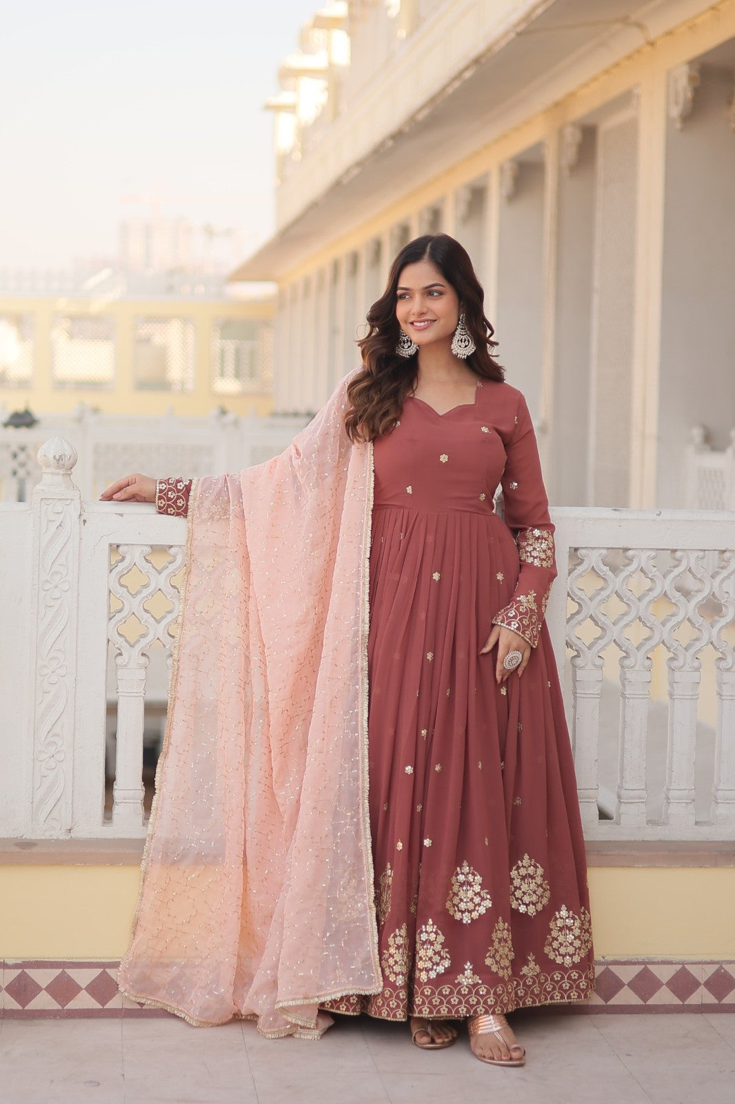 Faux Georgette sequins with thread embroidered a line gown with Dupatta