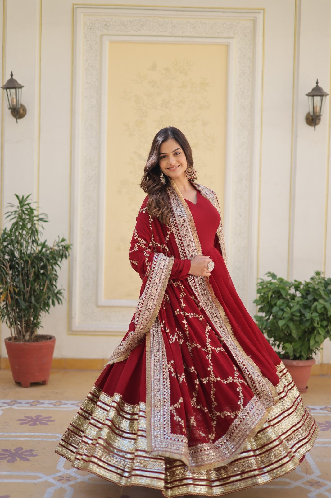 Readymade gown with Dupatta Faux Blooming Sequins with Embroidered dress Salwar Kameez