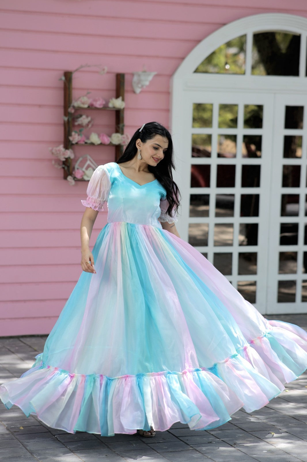 Designer soft silk gown multi rich print work A line dress