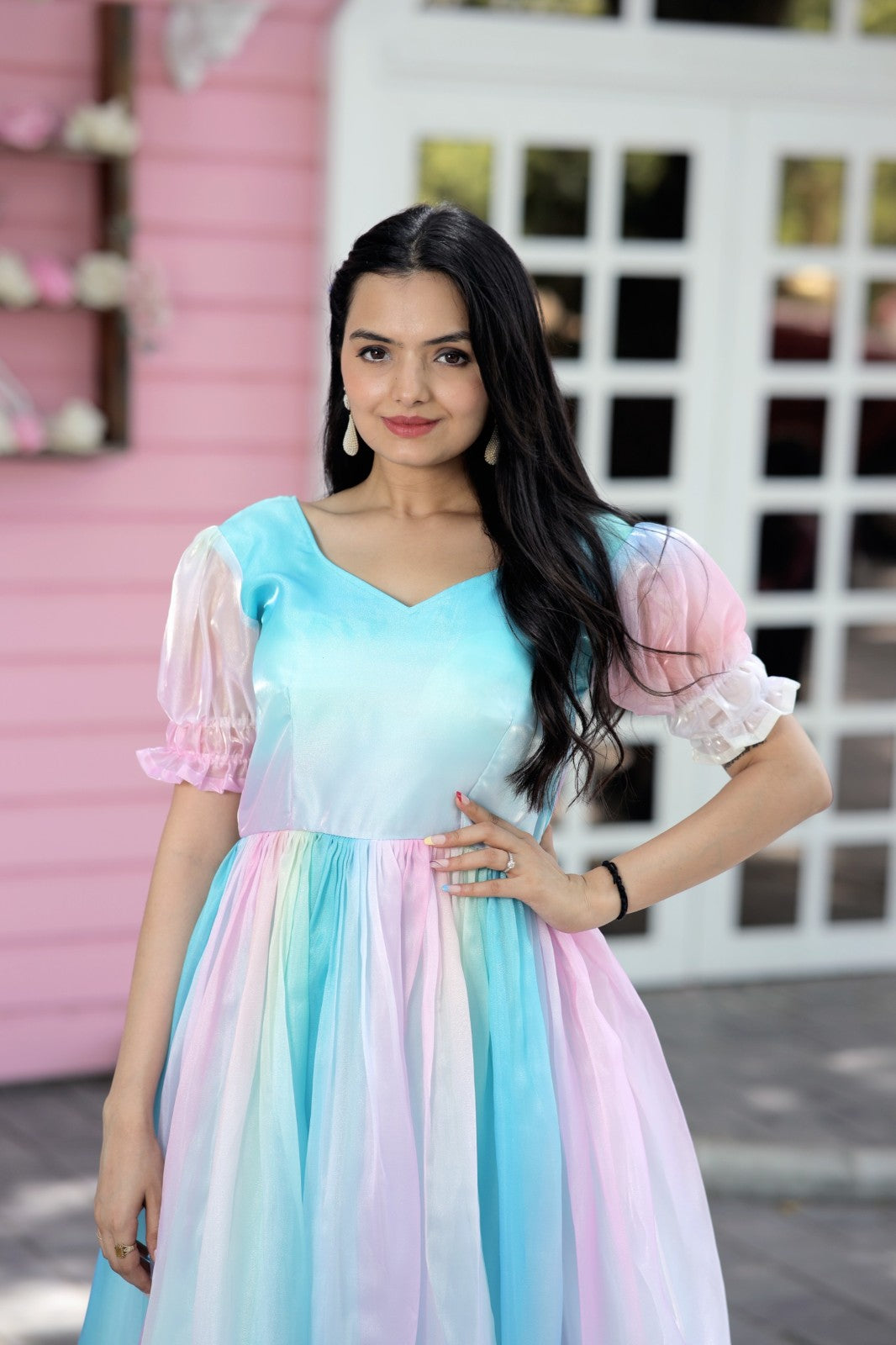 Designer soft silk gown multi rich print work A line dress