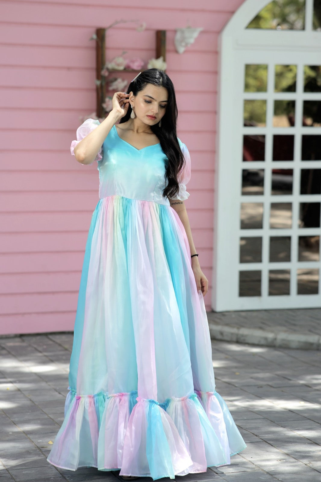 Designer soft silk gown multi rich print work A line dress