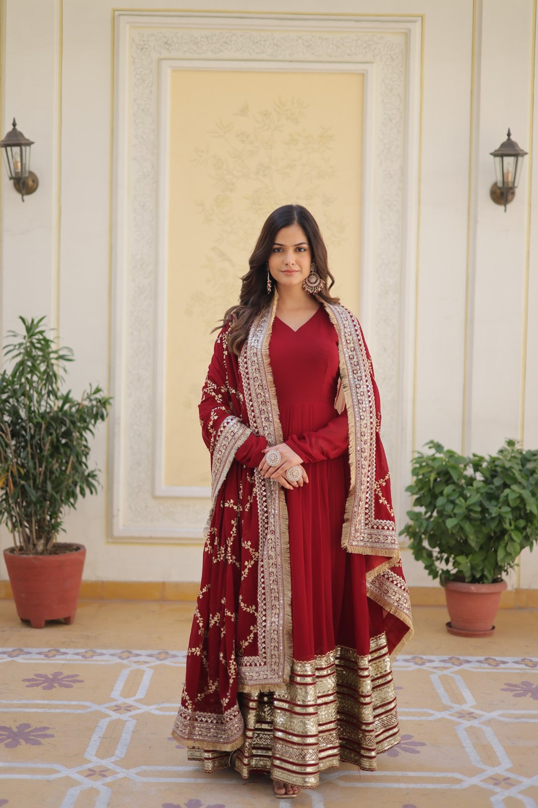 Readymade gown with Dupatta Faux Blooming Sequins with Embroidered dress Salwar Kameez