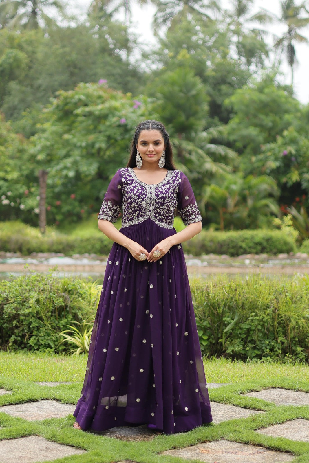 Faux blooming embroidery with sequins work gown