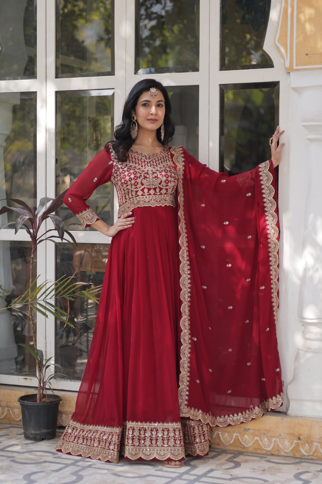 Anarkali dress Faux Blooming fabric Embroidery with Sequins Gown Ethnic dress