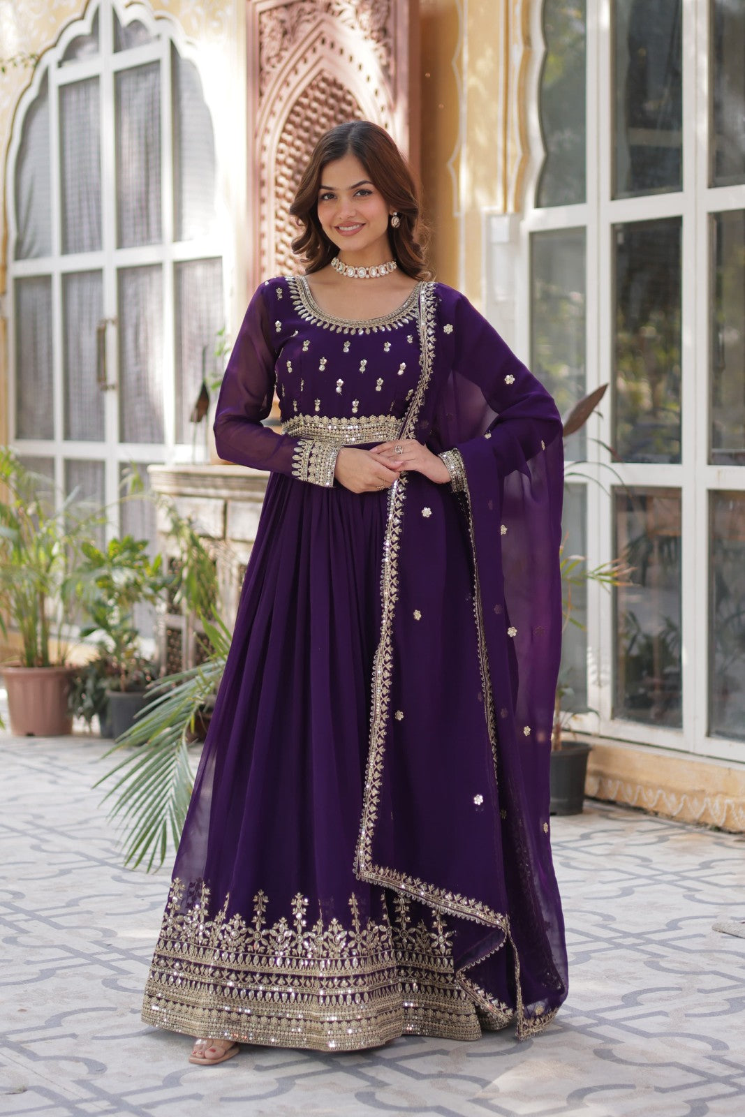 Ethnic Gown Readymade Georgette Fabric with embroidered Sequin work