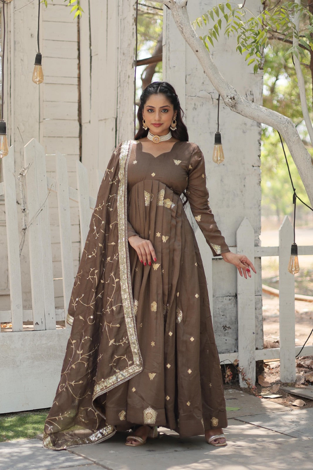 Beige Vichitra shimmer with Embroidered work gown Ethnic dress with Dupatta sequins suit