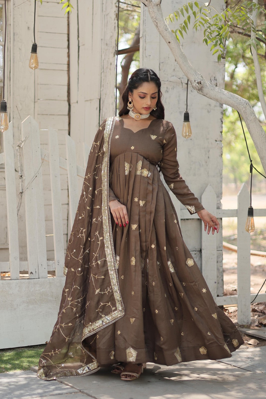 Beige Vichitra shimmer with Embroidered work gown Ethnic dress with Dupatta sequins suit