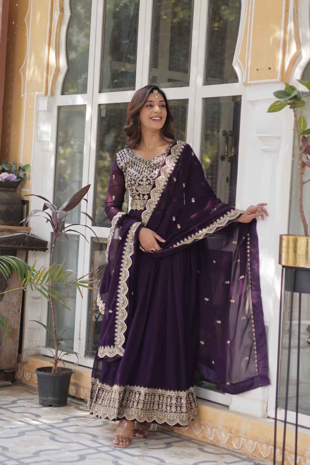 Anarkali dress Faux Blooming fabric Embroidery with Sequins Gown Ethnic dress