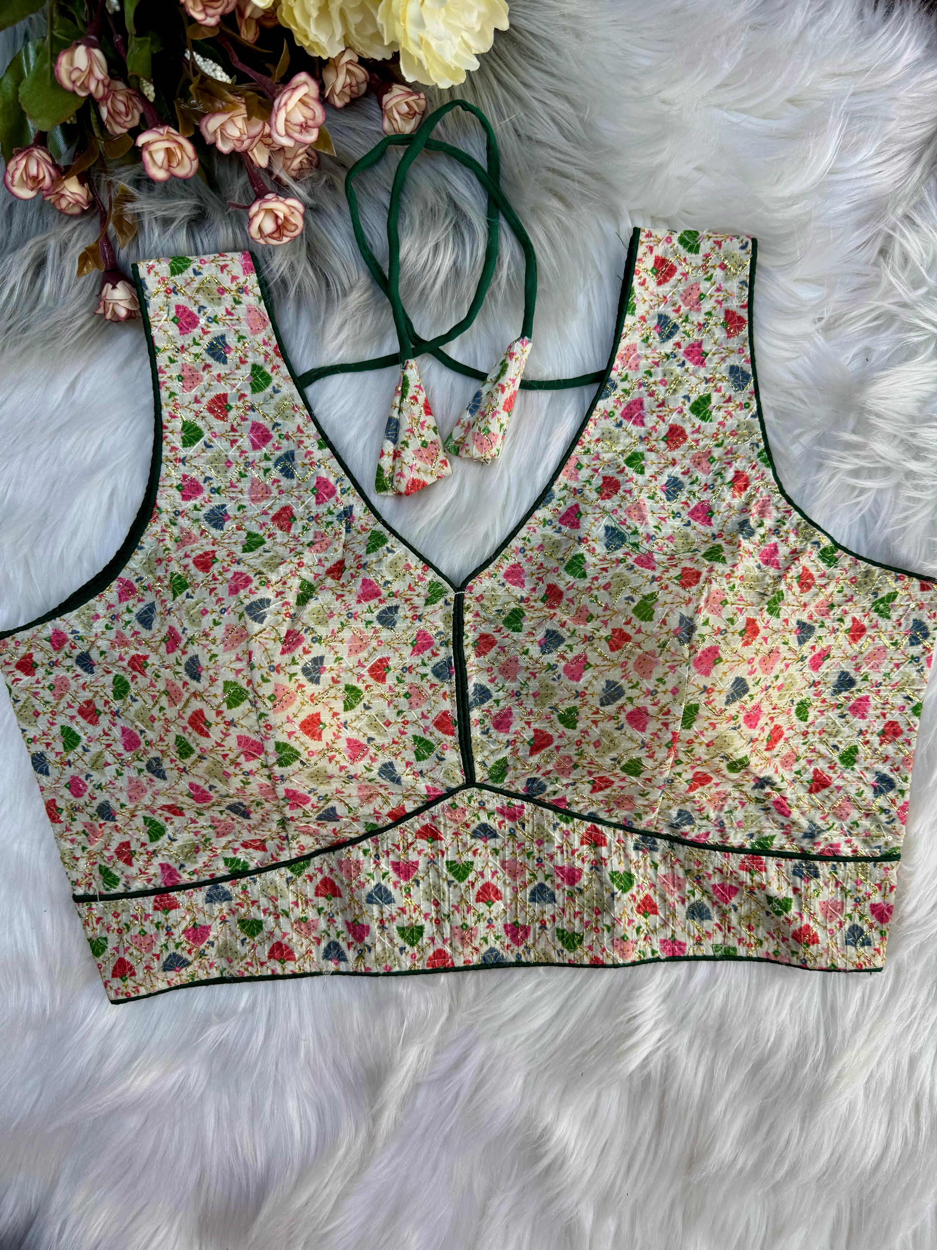 Sleeveless V neck Crochet with Foil work silk blouse
