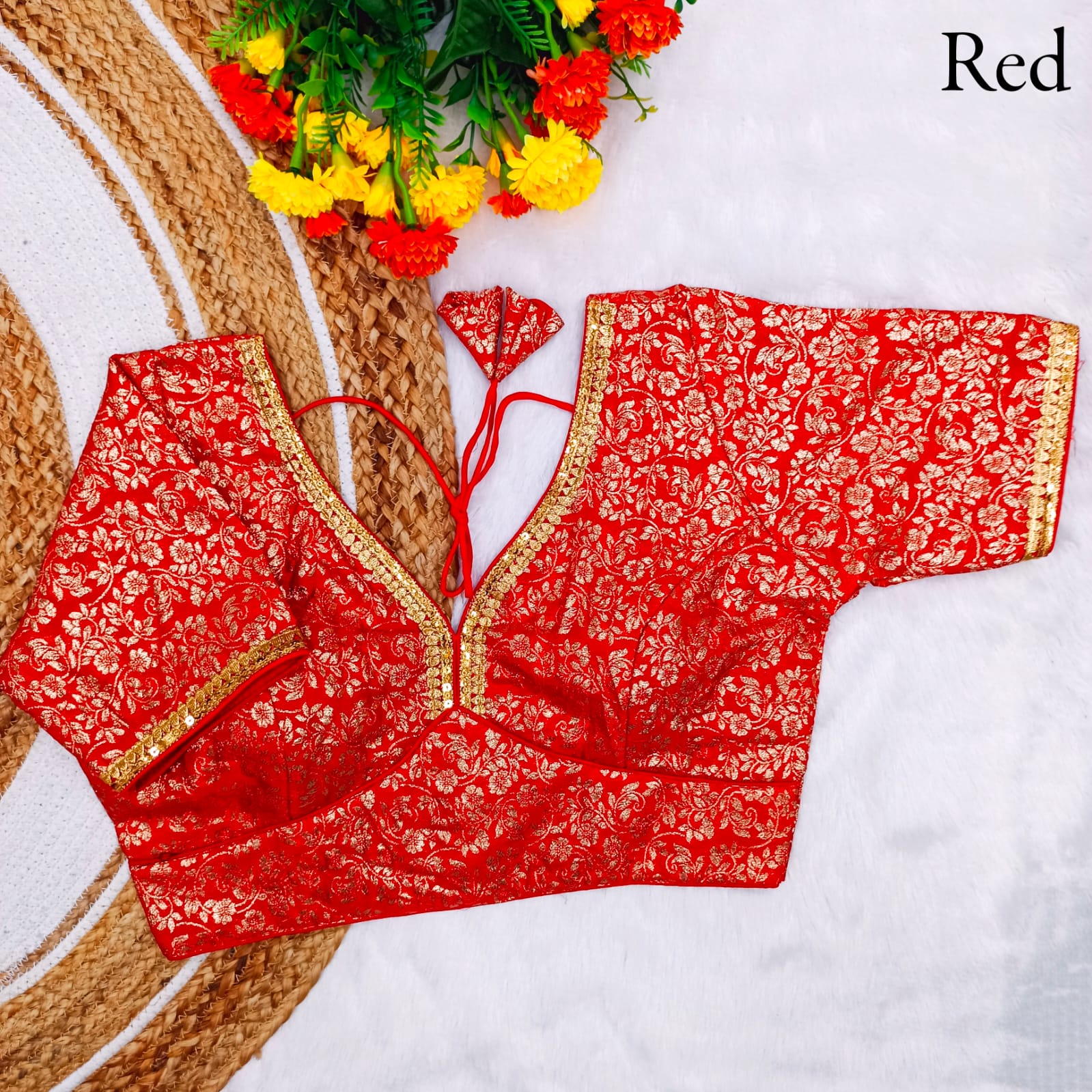 Pure dola silk Weaving zari Lace border work Padded V neck blouse