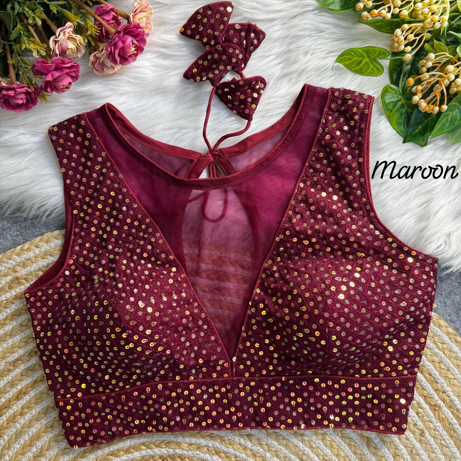 Deep v neck Sleeveless Padded blouse Imported net with Sequins work blouse