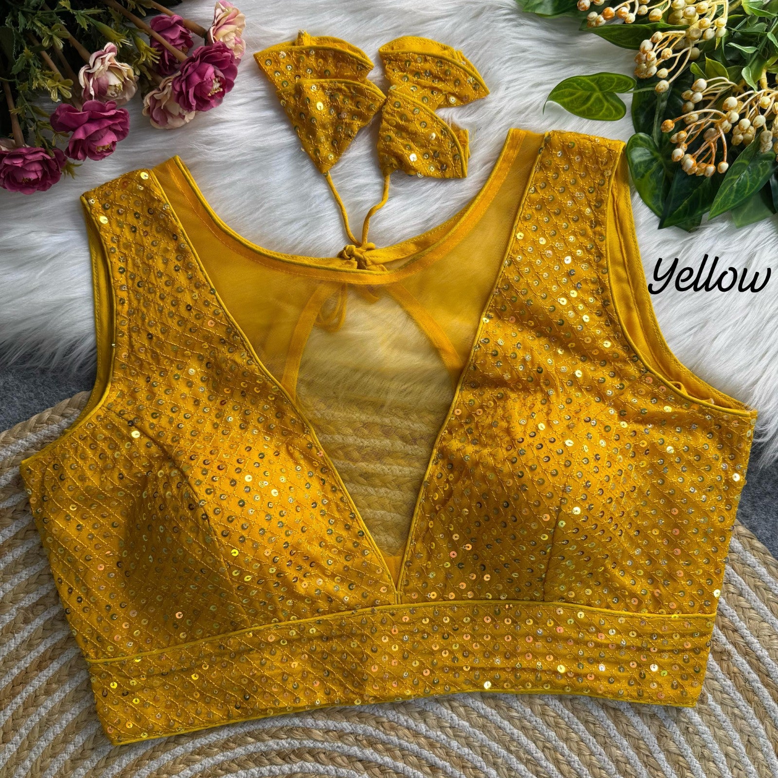 Deep v neck Sleeveless Padded blouse Imported net with Sequins work blouse