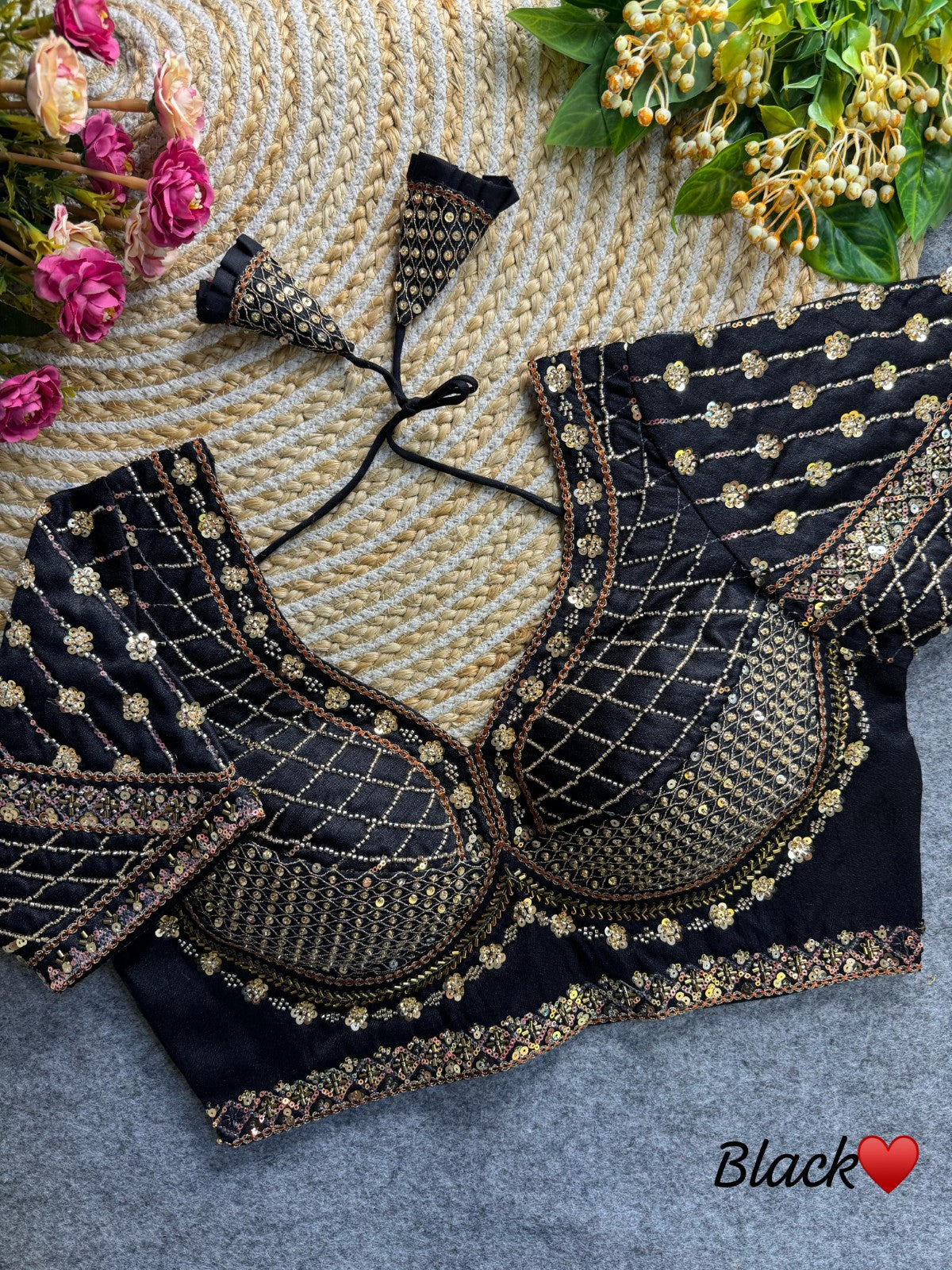 Readymade Pure Italian silk hand work with coding thread work Padded Sequins blouse