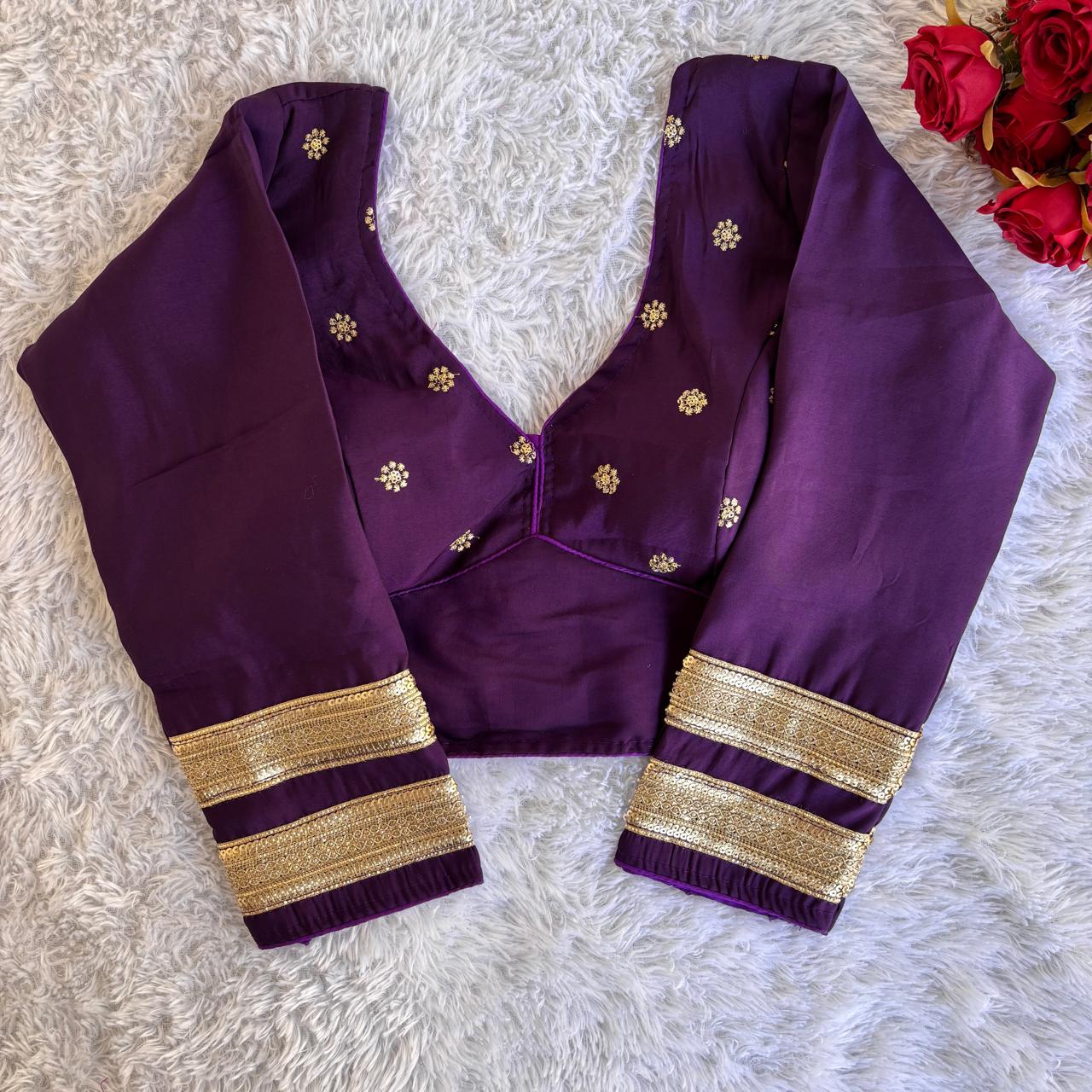 Roman silk fabric Readymade Stitched Padded Embroidery work Saree blouse