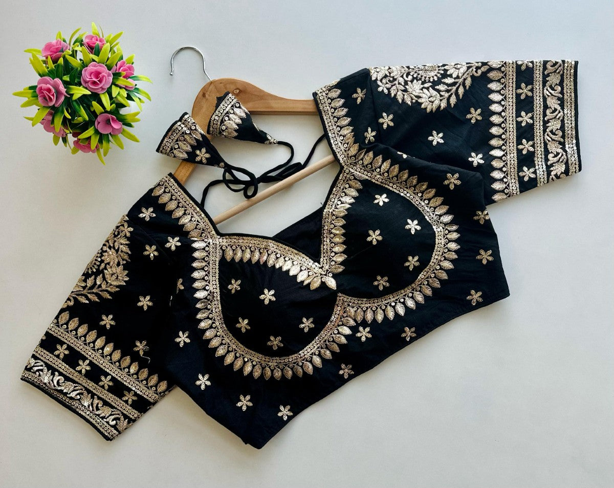 Blueberry silk Golden embroidery with Sequins work Padded Saree blouse
