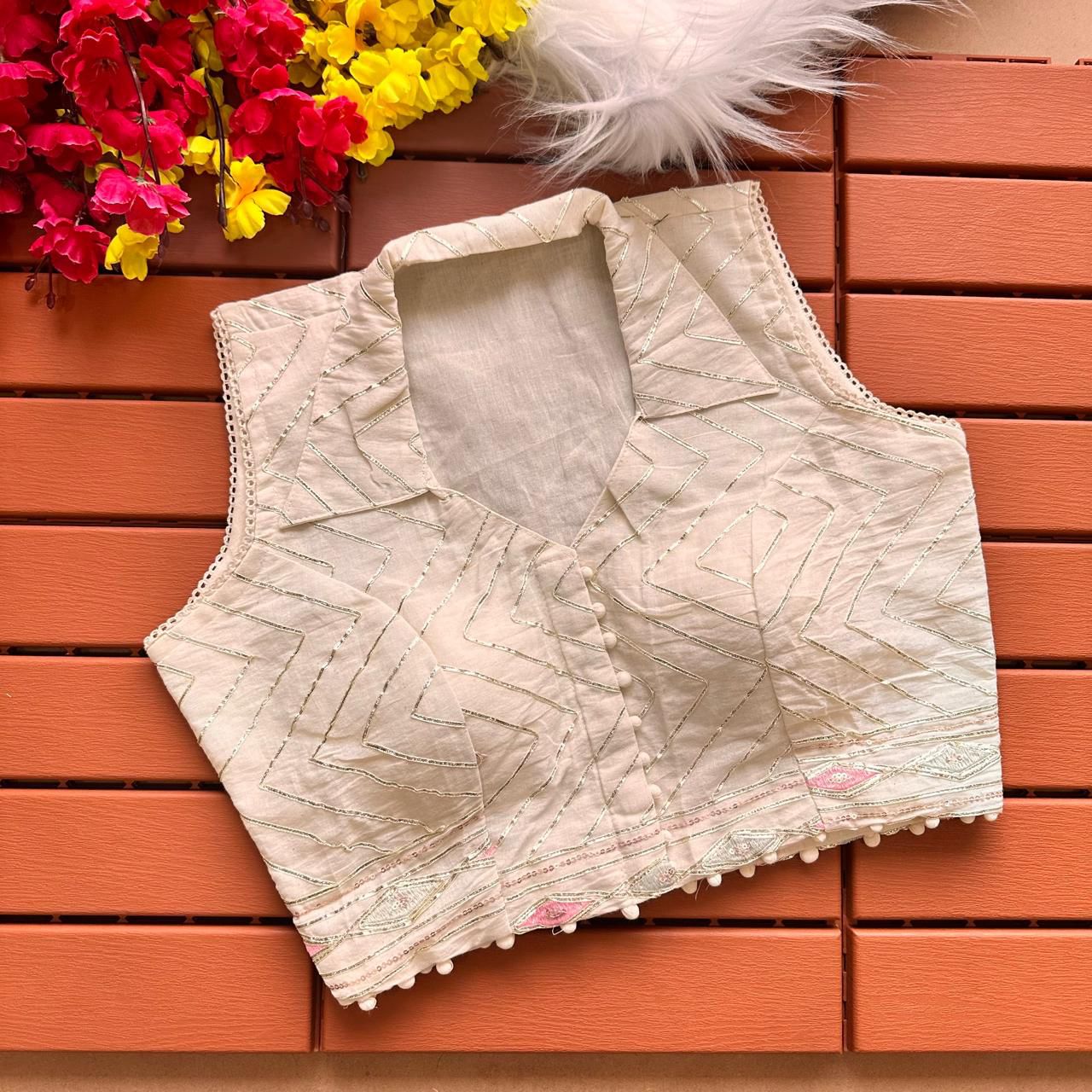 White Padded Pure Khadi cotton Embroidery with Sequins Collar neck Sleeveless blouse