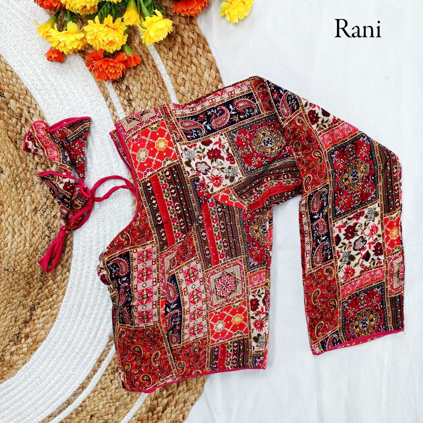 Rayon cotton Multi printed Siroski work Padded Long sleeve blouse