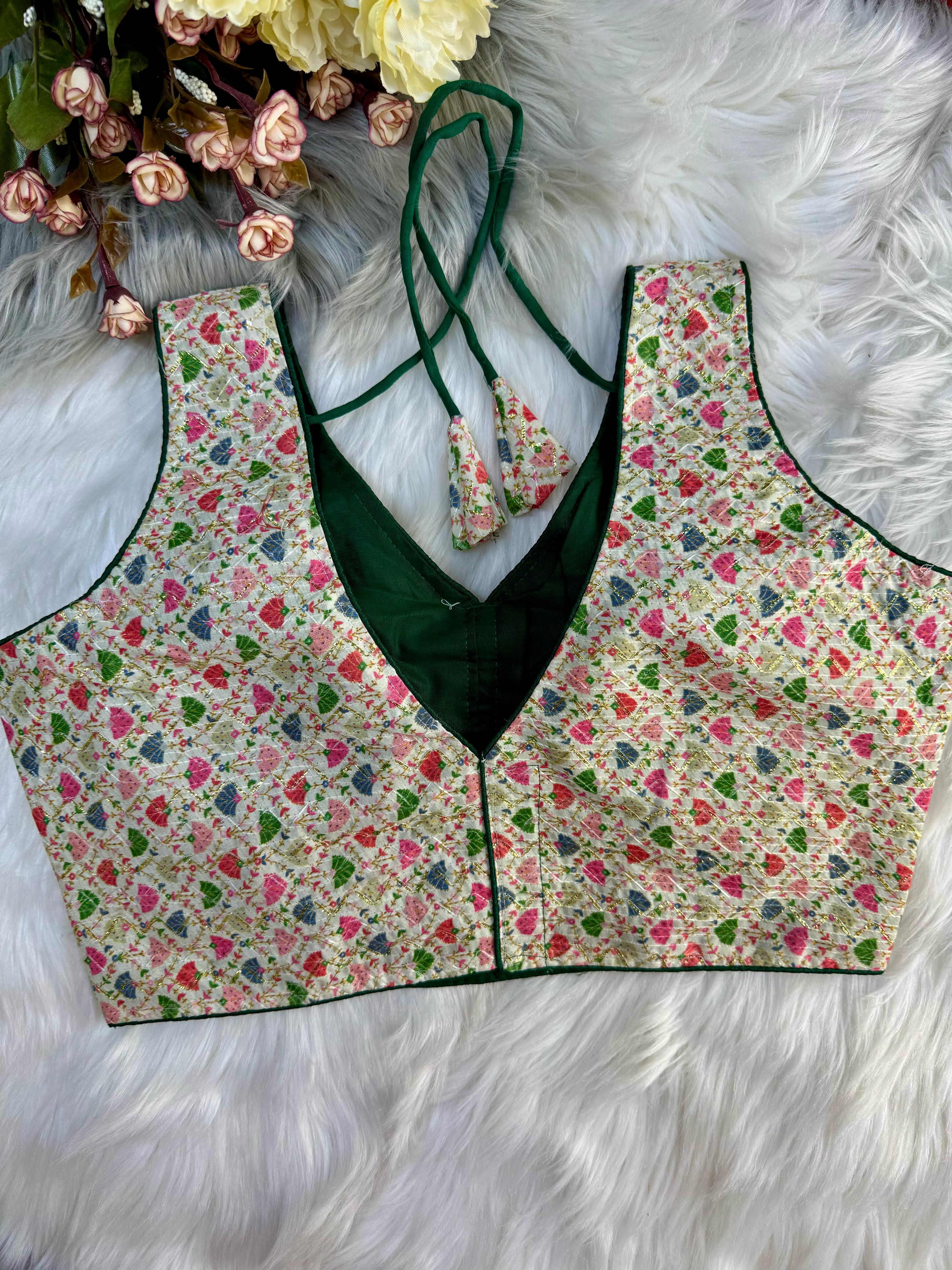 Sleeveless V neck Crochet with Foil work silk blouse
