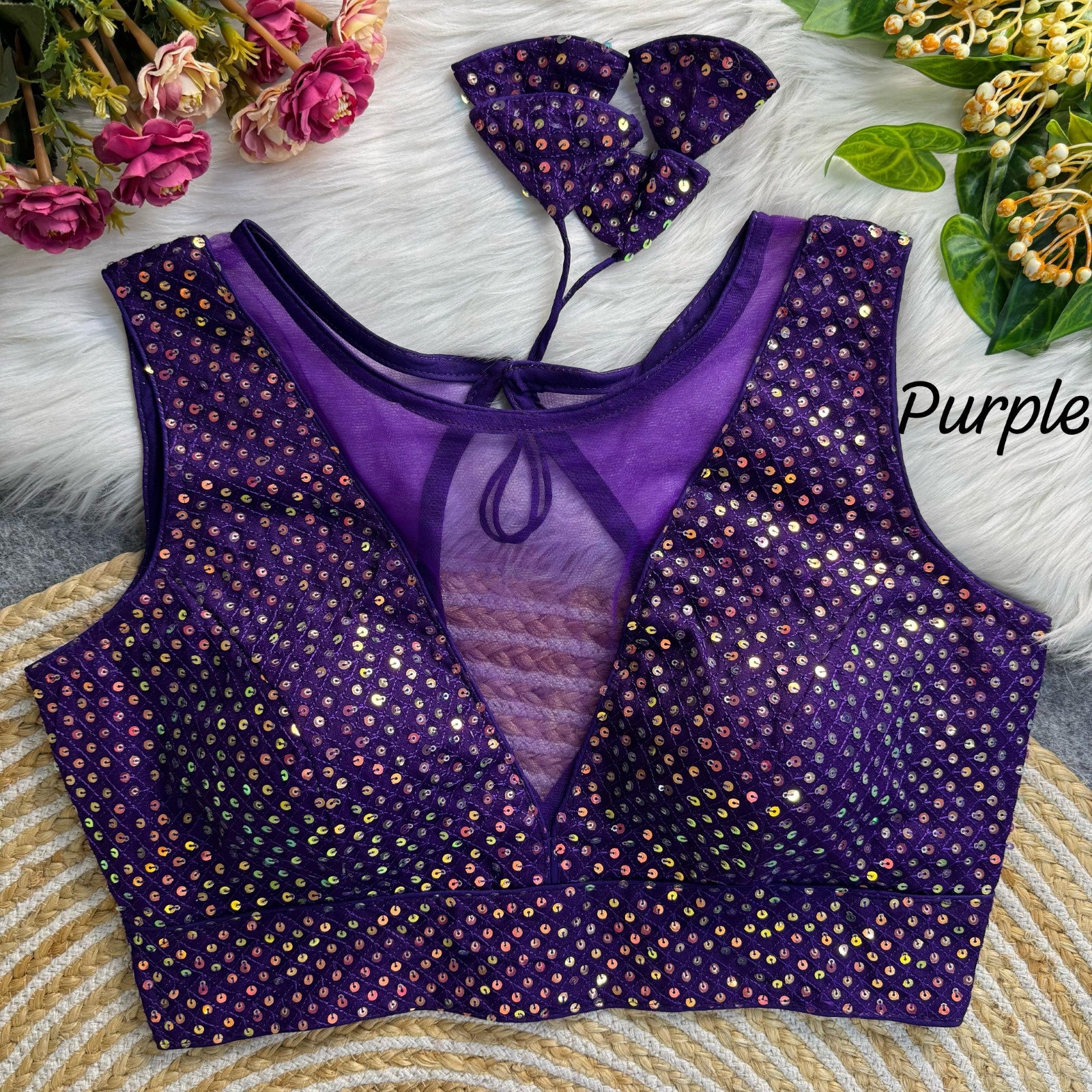 Deep v neck Sleeveless Padded blouse Imported net with Sequins work blouse