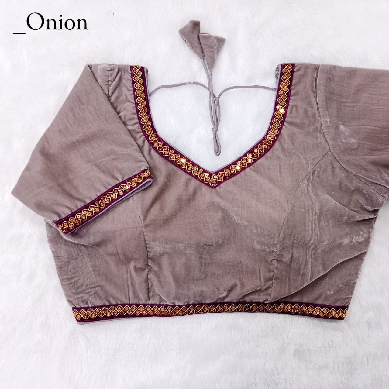 Velvet fabric Sequins lace work Padded V neck Blouse