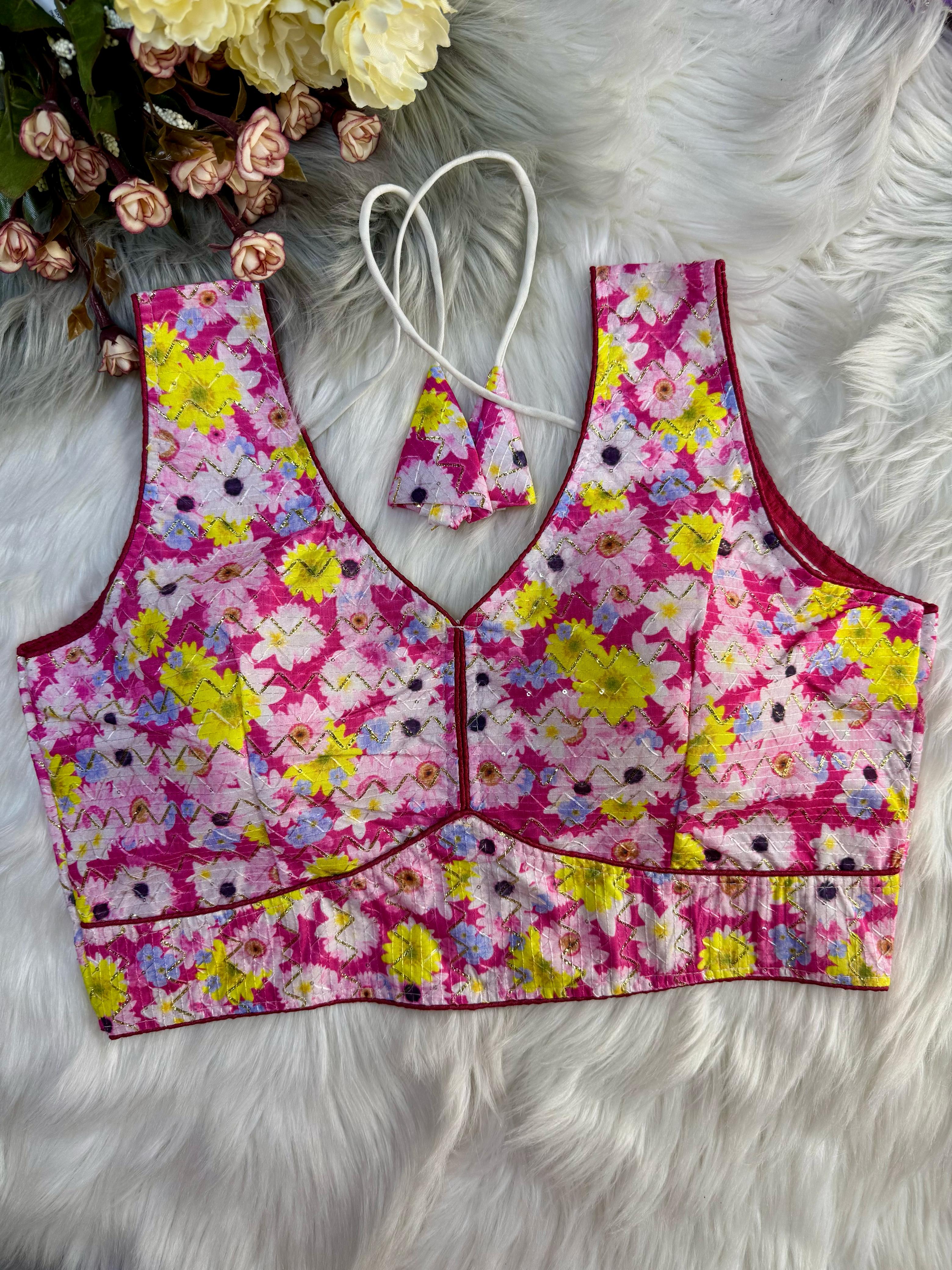 Sleeveless V neck Crochet with Foil work silk blouse