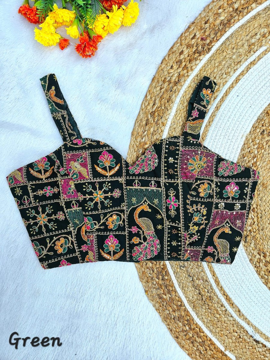 Designer Off shoulder Georgette with Multi embroidered coding work Padded Sleeveless Blouse