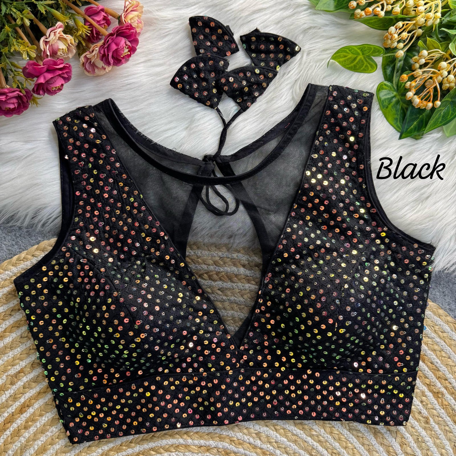 Deep v neck Sleeveless Padded blouse Imported net with Sequins work blouse