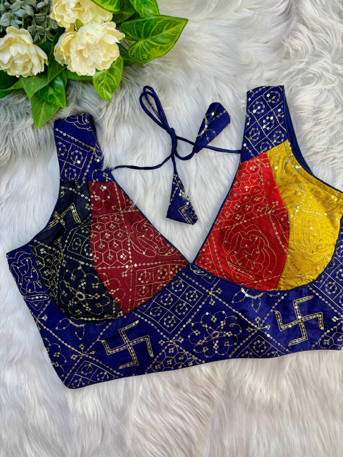 Multi printed with Sequins work Sleeveless V neck Silk fabric Saree blouse