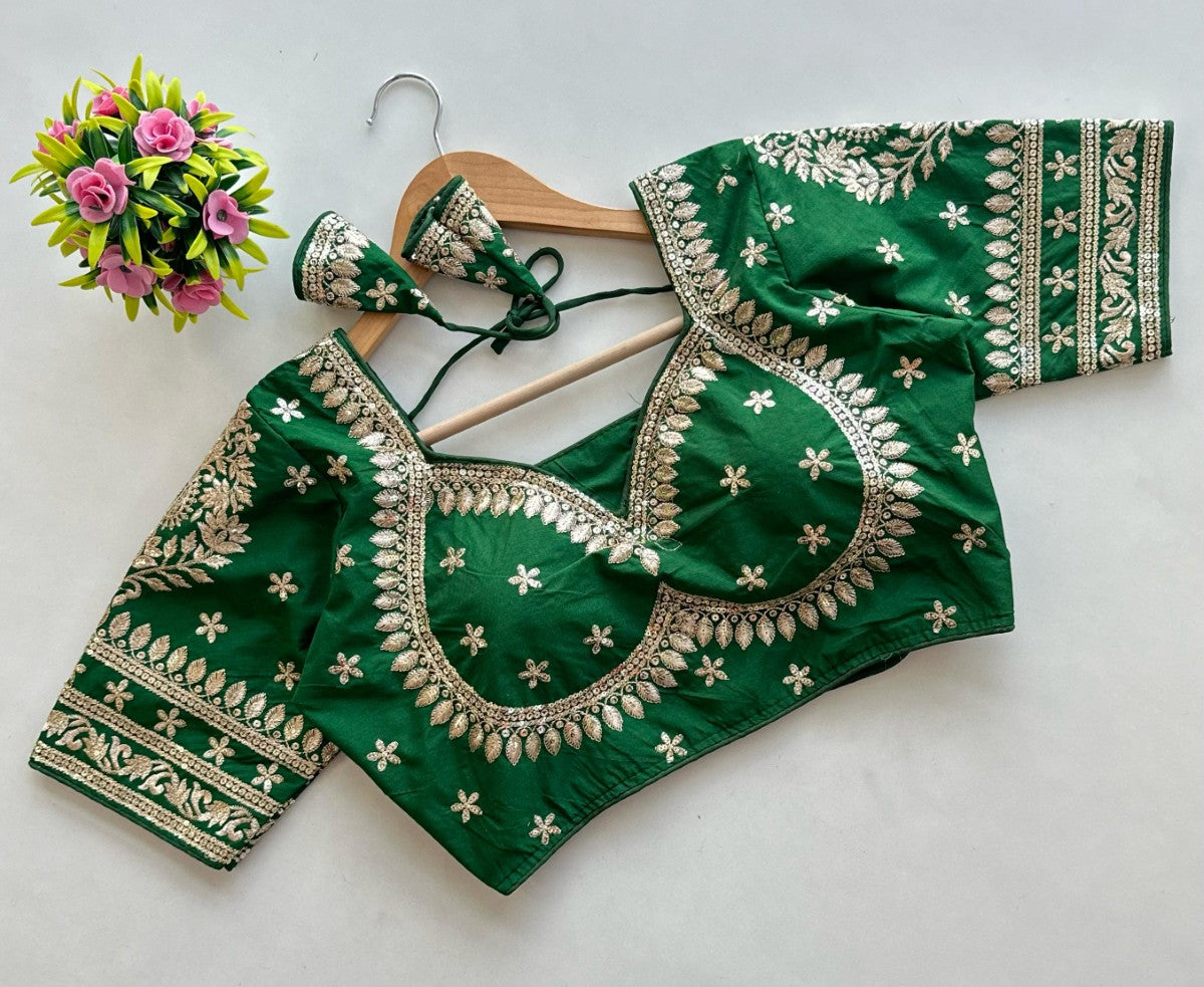 Blueberry silk Golden embroidery with Sequins work Padded Saree blouse