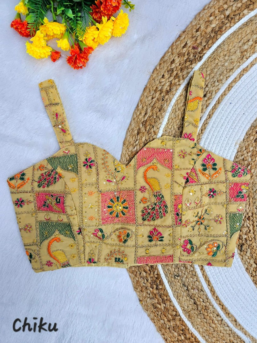 Designer Off shoulder Georgette with Multi embroidered coding work Padded Sleeveless Blouse