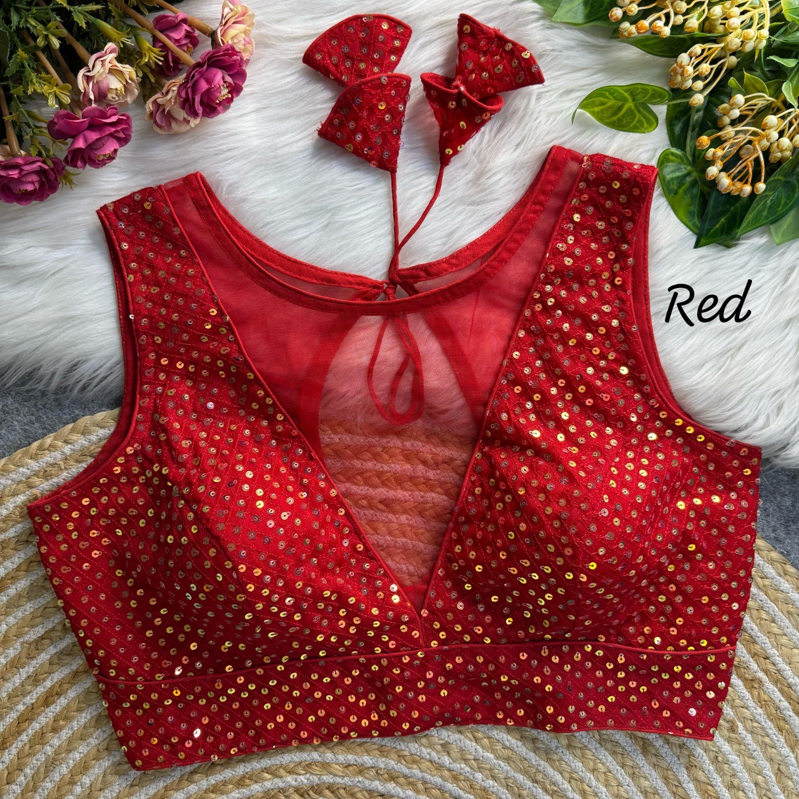 Deep v neck Sleeveless Padded blouse Imported net with Sequins work blouse