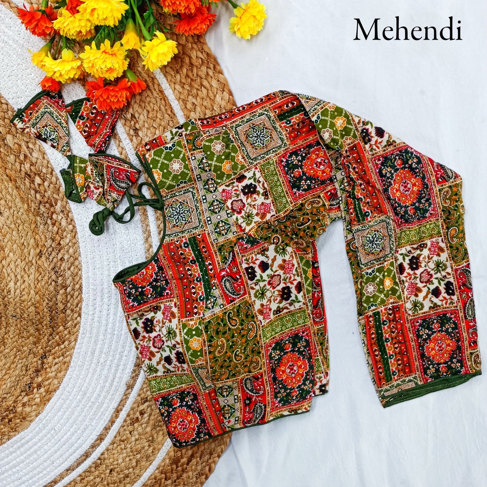 Rayon cotton Multi printed Siroski work Padded Long sleeve blouse