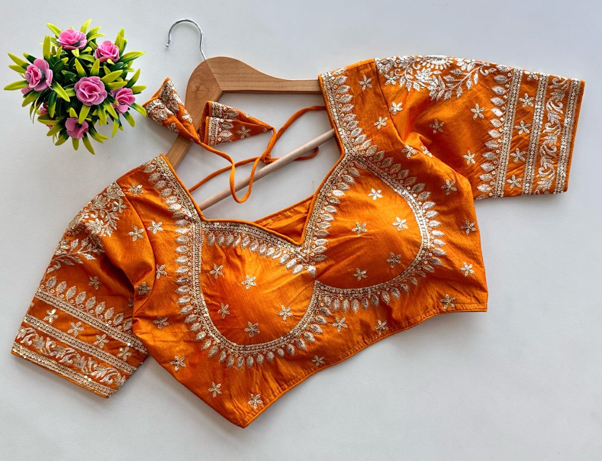 Blueberry silk Golden embroidery with Sequins work Padded Saree blouse
