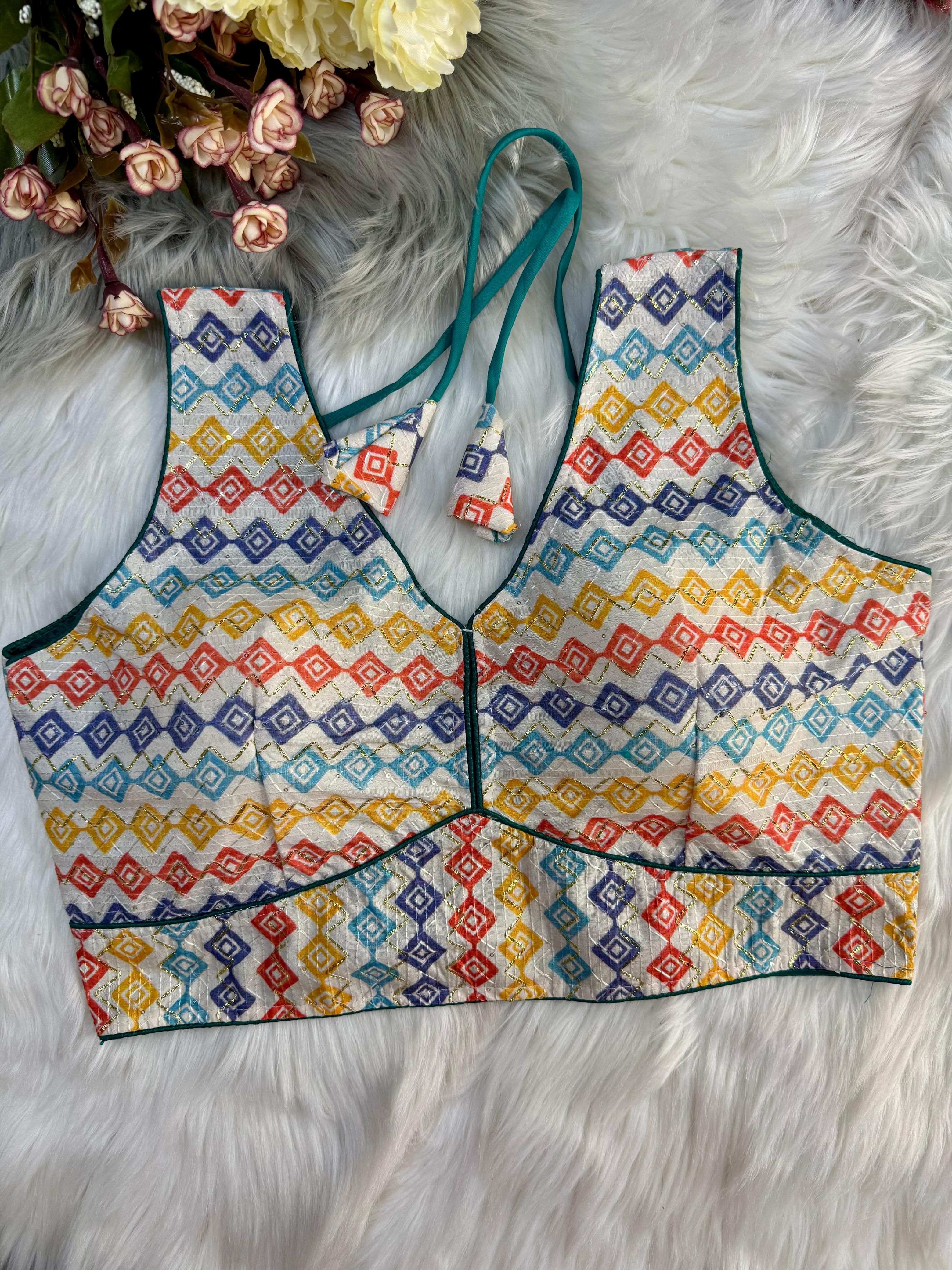 Sleeveless V neck Crochet with Foil work silk blouse