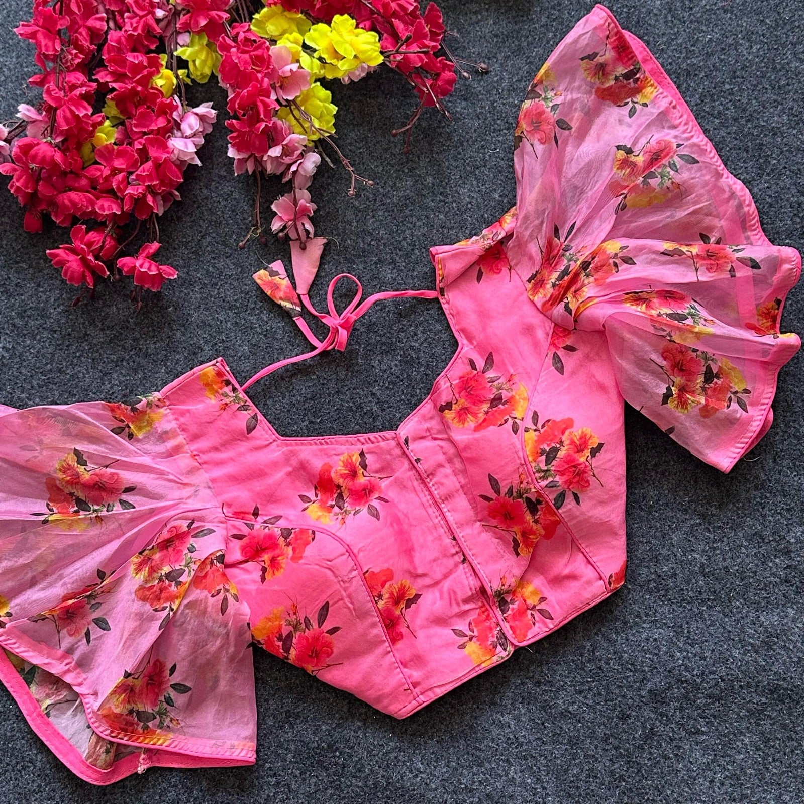 Pure organza with Digital print work Padded Frill sleeves blouse